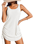 Women's sleeveless casual mini dress with drawstring and hollow-out design by FitiqueFit, perfect for warm weather.