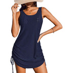 Women's sleeveless mini dress by FitiqueFit featuring drawstring waist and hollow-out design, perfect for casual summer wear.