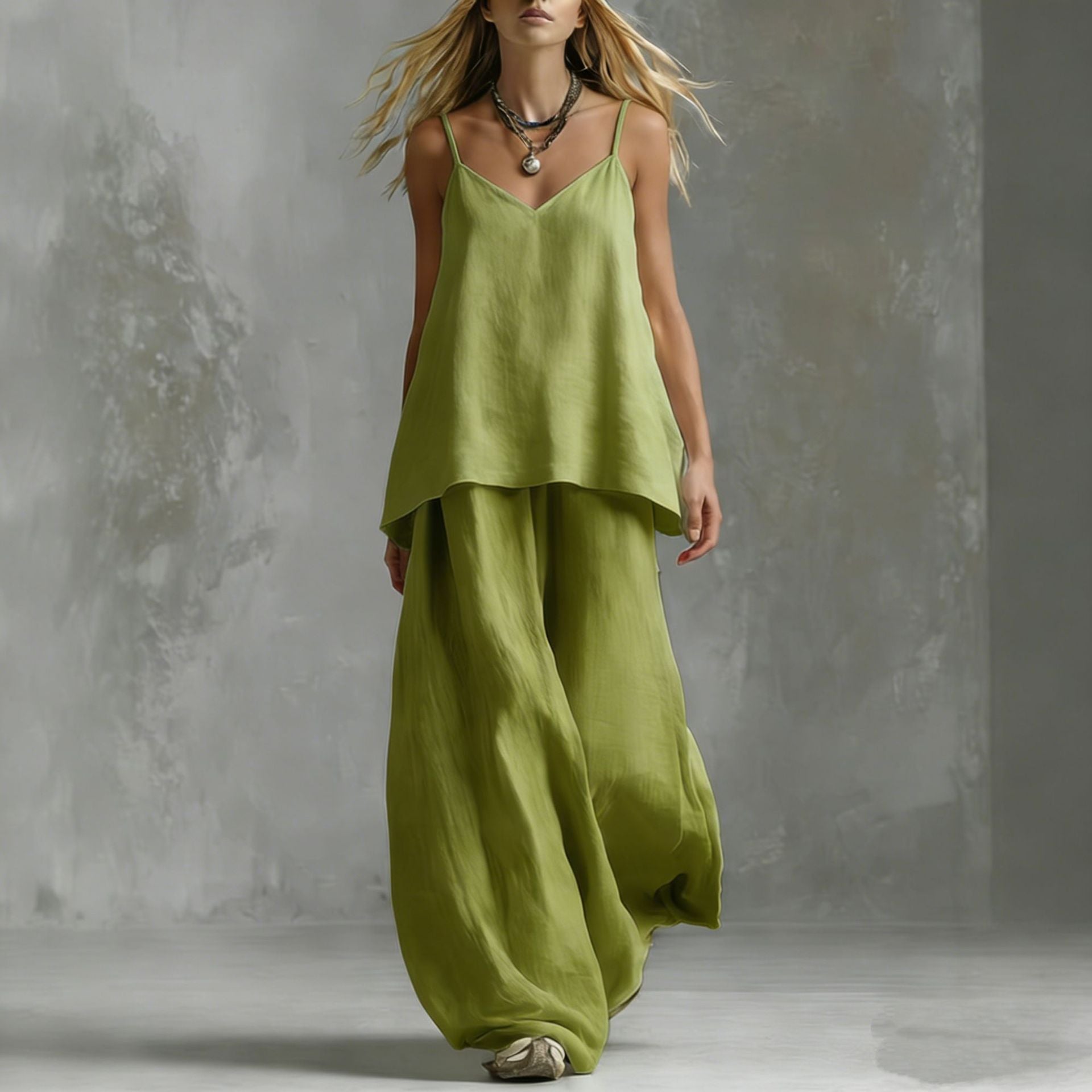 Women's sleeveless off-shoulder elegant pantsuit by FitiqueFit, featuring a stylish 2-piece casualwear set with tailored pants and top.