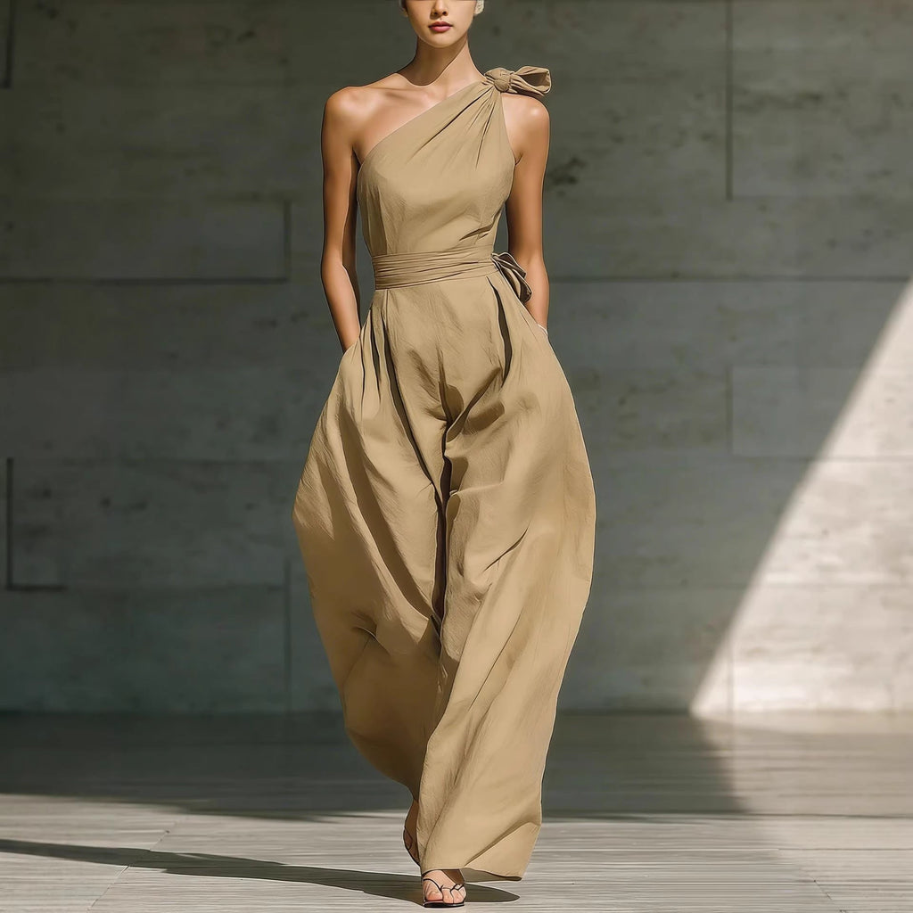 Women's sleeveless halter neck slim jumpsuit with cinched waist in six colors, available from size S to 2XL by FitiqueFit.