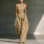 Women's sleeveless halter neck slim jumpsuit with cinched waist in six colors, available from size S to 2XL by FitiqueFit.