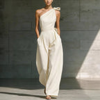 Women's sleeveless halter neck slim jumpsuit with cinched waist in 6 colors, from FitiqueFit, available in sizes S to 2XL.