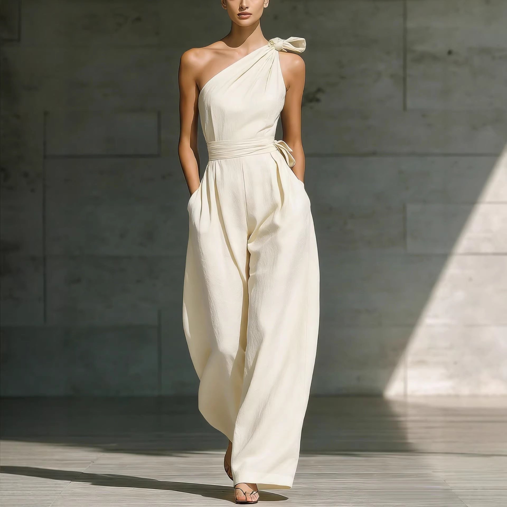 Women's sleeveless halter neck slim jumpsuit with cinched waist in 6 colors, from FitiqueFit, available in sizes S to 2XL.