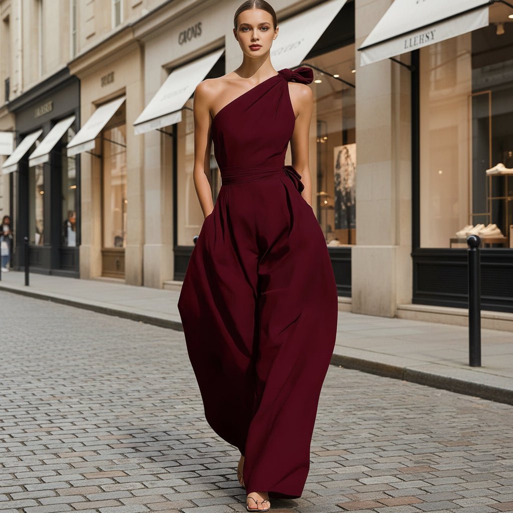 Women's sleeveless halter neck slim jumpsuit with cinched waist in six colors, available in sizes S to 2XL by FitiqueFit.