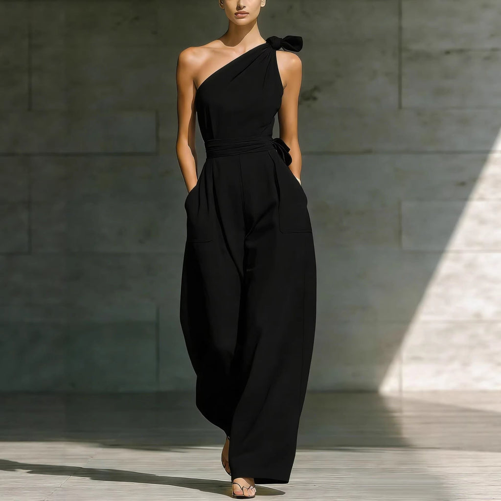 Women's sleeveless halter neck jumpsuit by FitiqueFit with cinched waist, available in 6 colors, size S to 2XL.