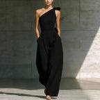 Women's sleeveless halter neck jumpsuit by FitiqueFit with cinched waist, available in 6 colors, size S to 2XL.