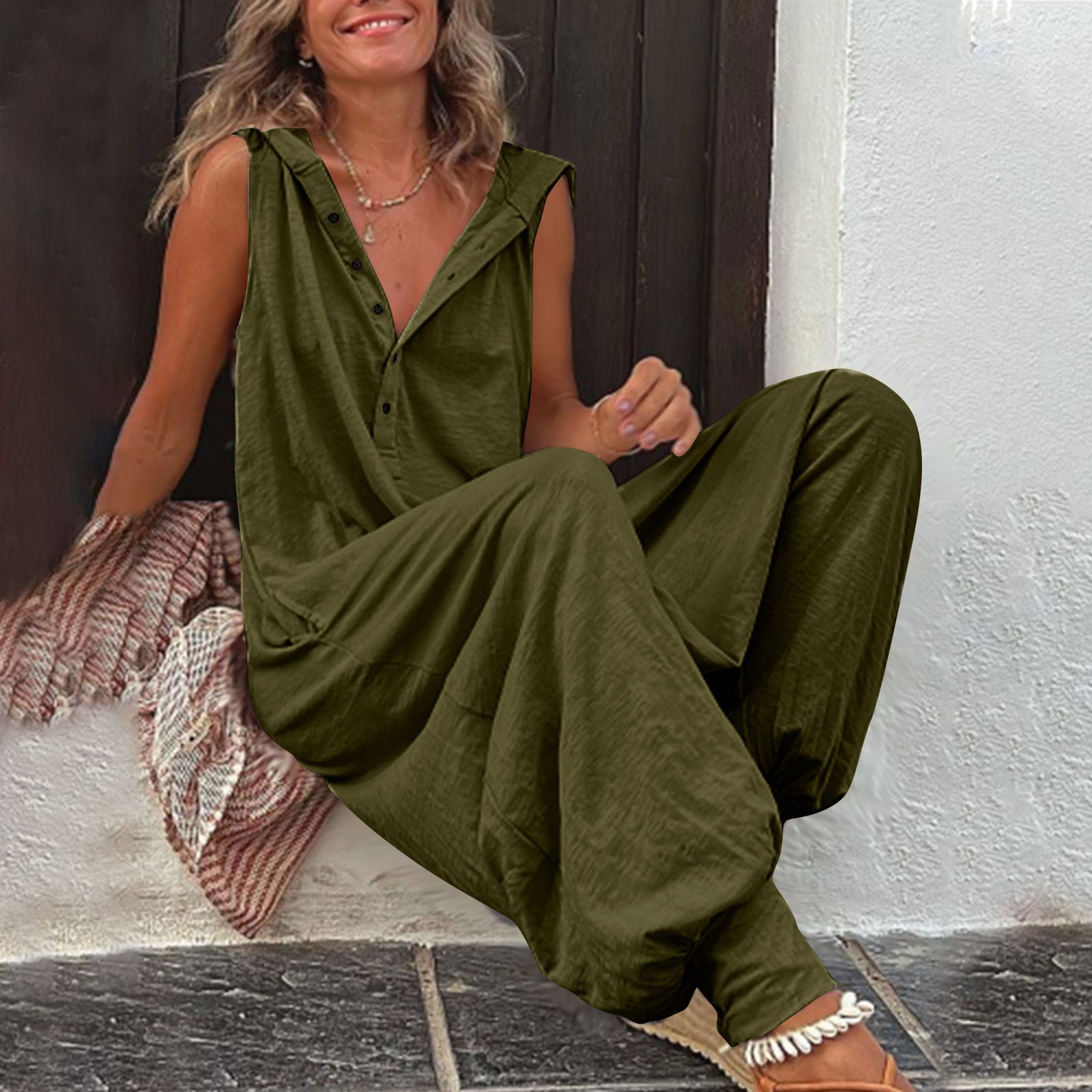 Women’s sleeveless hooded relaxed fit jumpsuit by FitiqueFit, shown in casualwear style, with a comfortable, laid-back design.