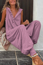 Women’s sleeveless hooded relaxed fit jumpsuit by FitiqueFit, shown in soft casualwear style with a hood and comfortable fit.