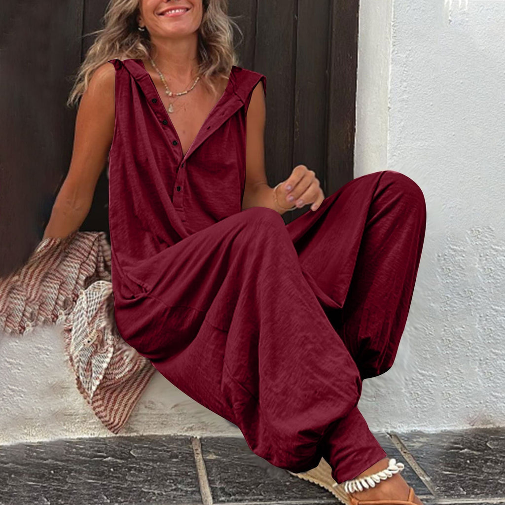 Women's sleeveless hooded relaxed fit jumpsuit by FitiqueFit, shown in a casualwear style with a comfortable fit and sleeveless design.