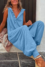 Women’s sleeveless hooded relaxed fit jumpsuit by FitiqueFit, casualwear with a hood, sleeveless design, and comfortable fit.