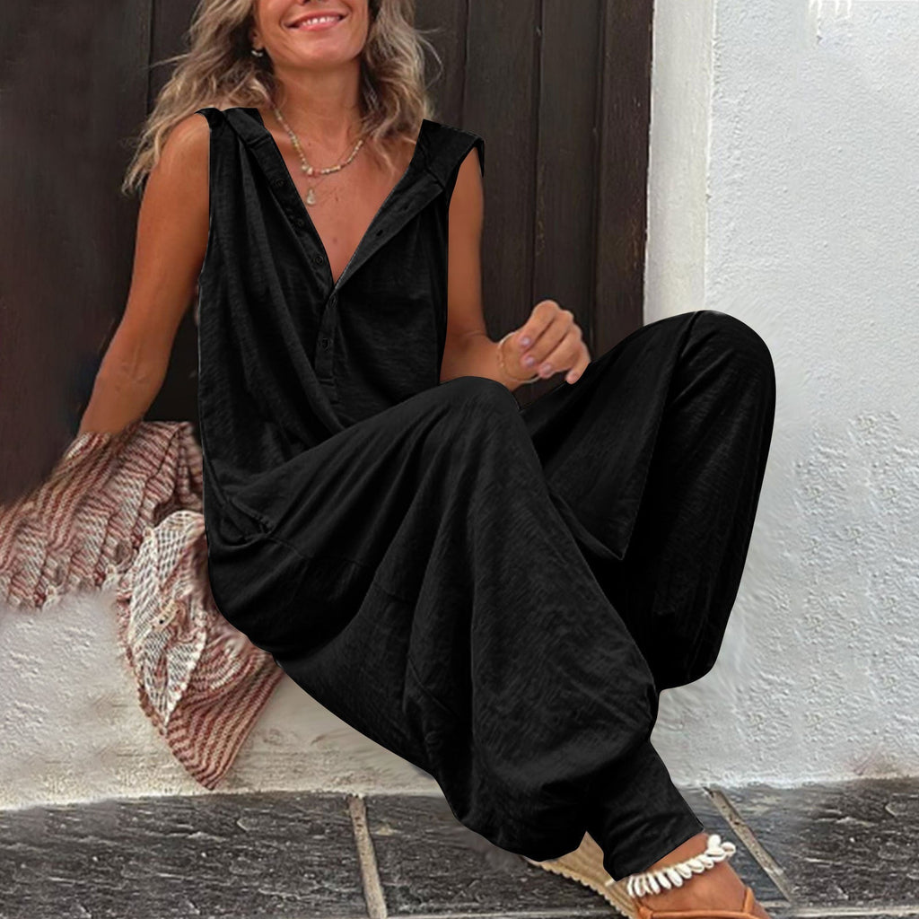 Women’s sleeveless hooded relaxed fit jumpsuit by FitiqueFit, shown in a casualwear style with a comfortable fit and sleeveless design.