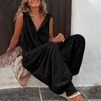 Women’s sleeveless hooded relaxed fit jumpsuit by FitiqueFit, shown in a casualwear style with a comfortable fit and sleeveless design.