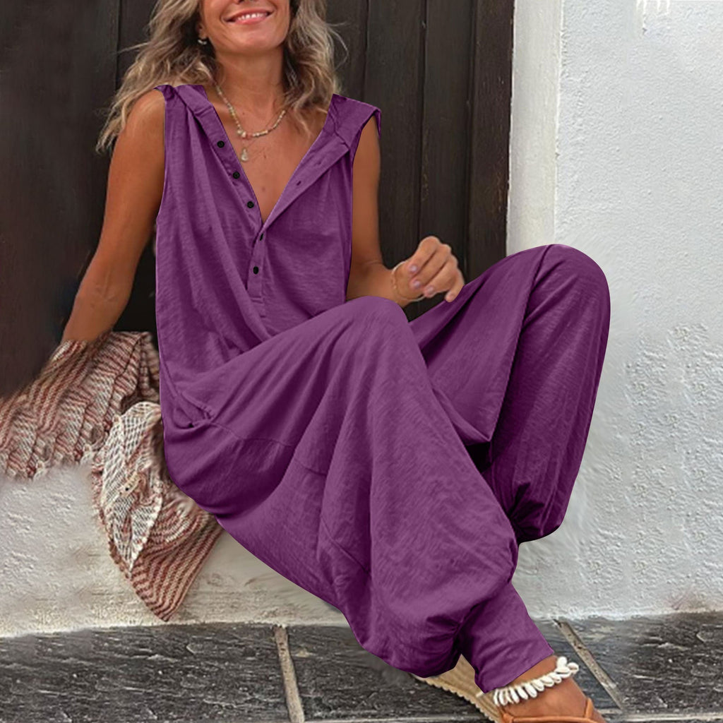 Women's sleeveless hooded relaxed fit jumpsuit from FitiqueFit, casualwear with a comfortable, stylish design and front pockets.