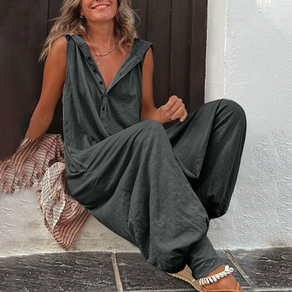 Women’s sleeveless hooded relaxed fit jumpsuit by FitiqueFit, featuring a casual, comfortable design with a drawstring waist and pockets.