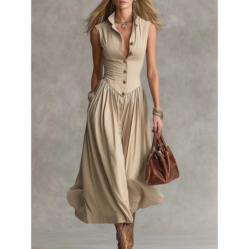 Women's sleeveless maxi dress with lapel collar and patchwork design, slim fit casualwear by FitiqueFit.