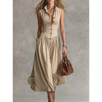 Women's sleeveless maxi dress with lapel collar and patchwork design, slim fit casualwear by FitiqueFit.