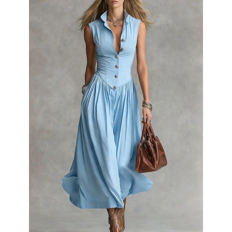Women's sleeveless lapel collar maxi dress by FitiqueFit featuring slim fit patchwork casualwear style.