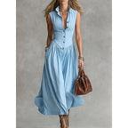 Women's sleeveless lapel collar maxi dress by FitiqueFit featuring slim fit patchwork casualwear style.