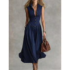 Women's sleeveless lapel collar maxi dress by FitiqueFit featuring slim fit and patchwork design, casualwear style.