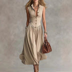 Women's sleeveless lapel collar maxi dress by FitiqueFit, featuring slim fit and patchwork design, perfect for casual wear.