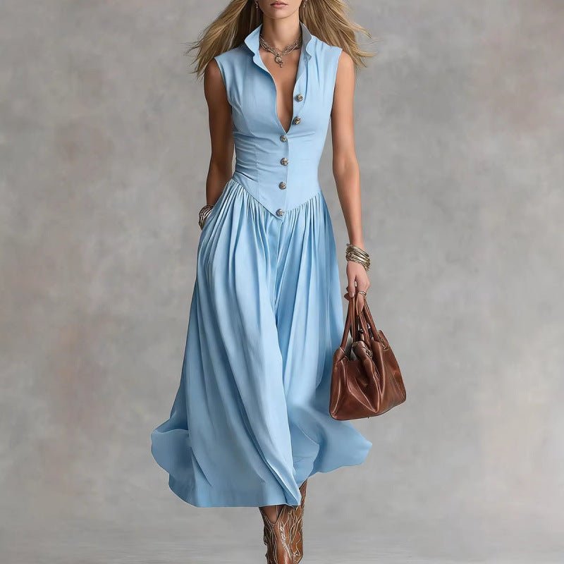 Women's sleeveless lapel collar maxi dress by FitiqueFit featuring a slim fit patchwork design, perfect for casual wear.