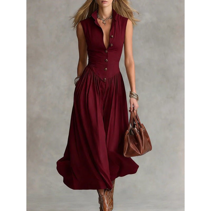 Women's sleeveless lapel collar maxi dress by FitiqueFit featuring slim fit patchwork, perfect for casual wear.