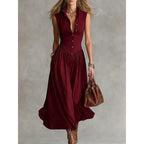 Women's sleeveless lapel collar maxi dress by FitiqueFit featuring slim fit patchwork, perfect for casual wear.