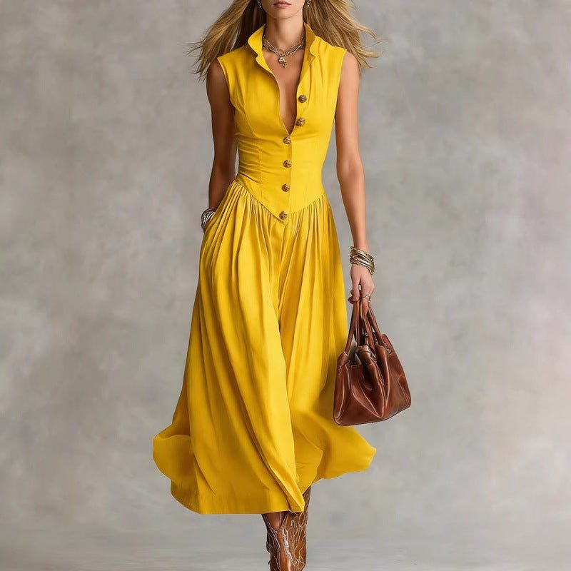 Women's sleeveless lapel collar maxi dress with slim fit patchwork design by FitiqueFit, perfect for casualwear.