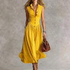 Women's sleeveless lapel collar maxi dress with slim fit patchwork design by FitiqueFit, perfect for casualwear.