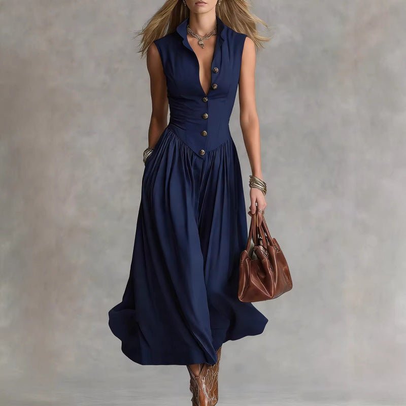 Women's sleeveless maxi dress with lapel collar and patchwork design, slim fit casualwear by FitiqueFit.
