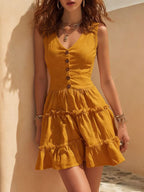 Women's sleeveless linen button-up midi dress by FitiqueFit, showcasing a casual, lightweight design ideal for warm weather.
