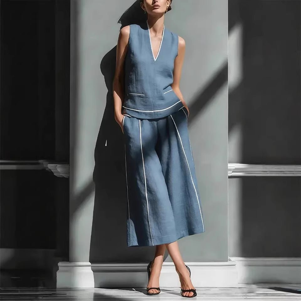 Women's sleeveless linen shirt and cropped pants set by FitiqueFit, casual 2-piece outfit perfect for warm weather.