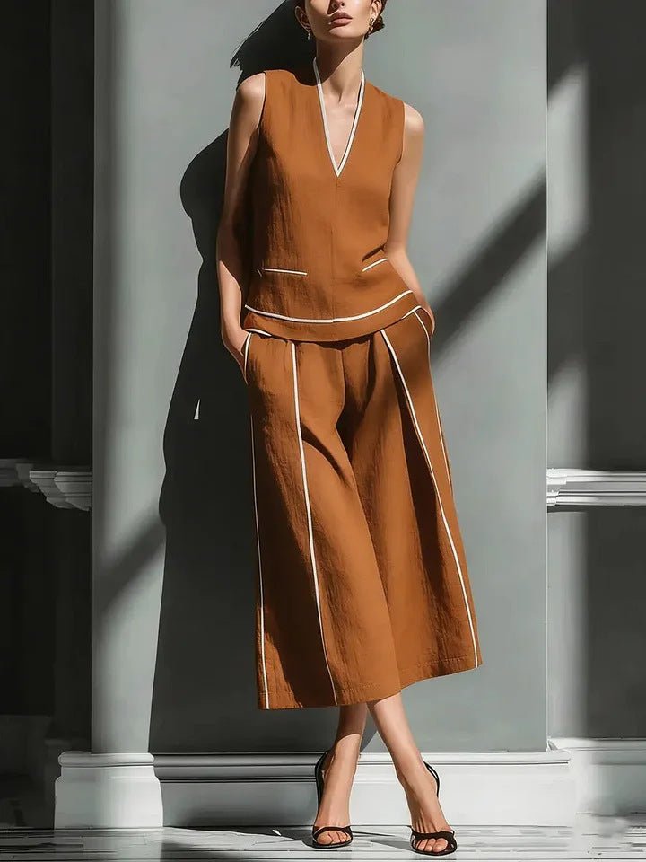 Women's sleeveless linen shirt and cropped pants set by FitiqueFit, casual 2-piece outfit for relaxed summer style.