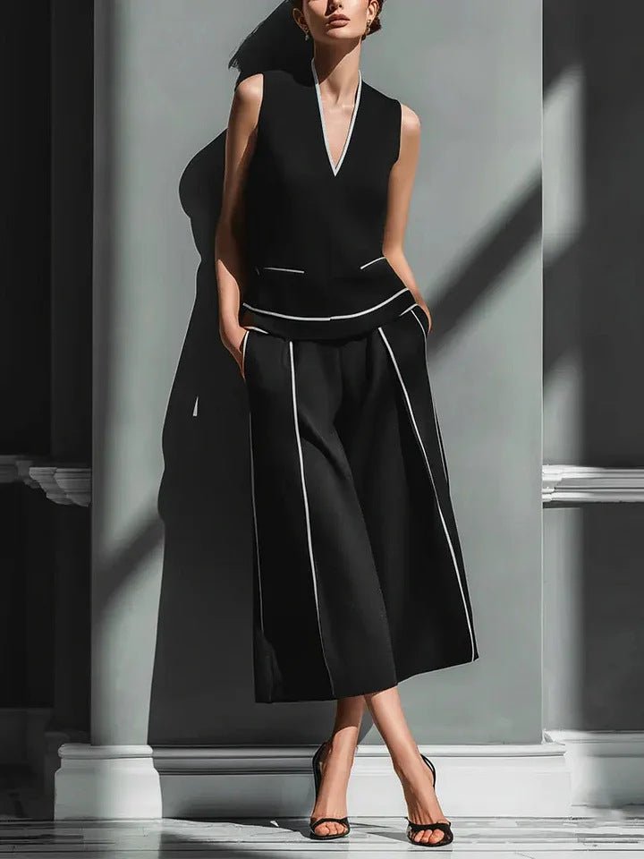 Women’s sleeveless linen shirt and cropped pants set by FitiqueFit, casual 2-piece outfit, perfect for warm weather.