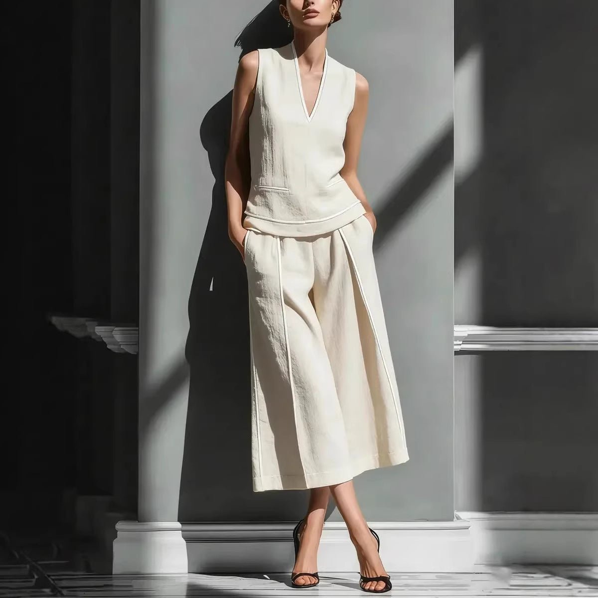 Women's sleeveless linen shirt and cropped pants set by FitiqueFit, casual 2-piece outfit, perfect for warm weather.