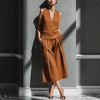 Women's sleeveless linen shirt and cropped pants set by FitiqueFit, casual 2-piece outfit for warm weather wear.