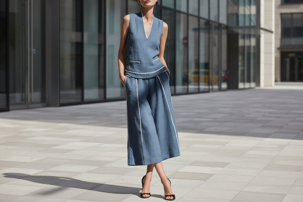 Women's sleeveless linen shirt and cropped pants set by FitiqueFit, casual 2-piece outfit perfect for warm weather.