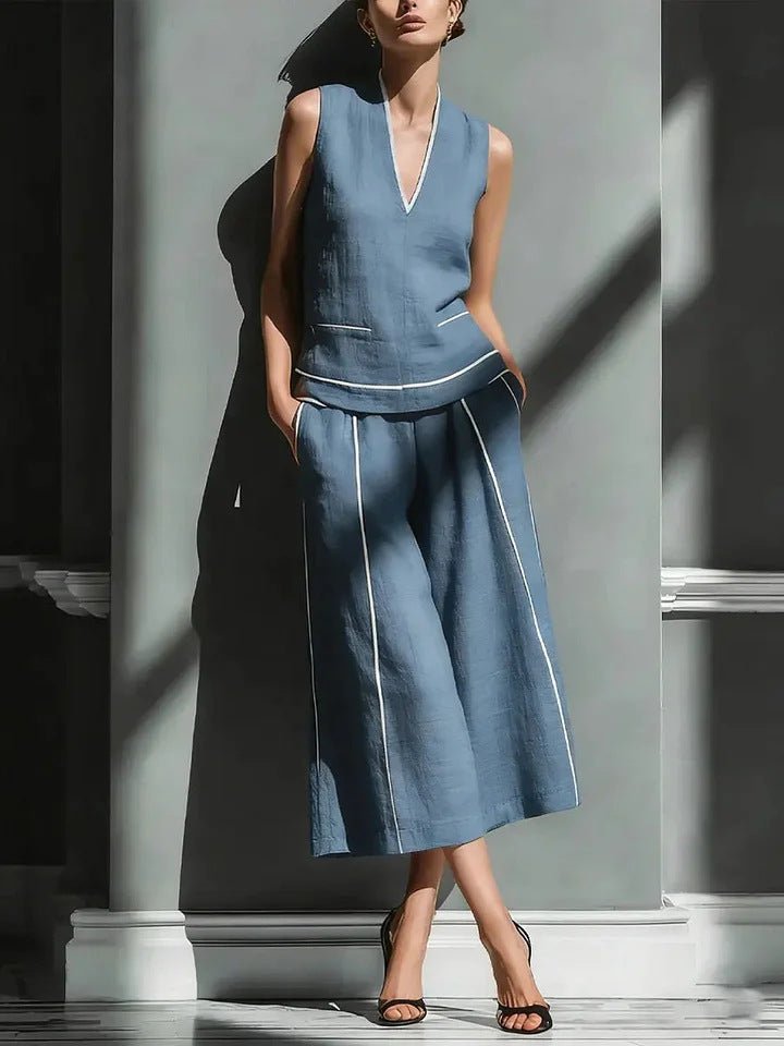 Women's sleeveless linen shirt and cropped pants set by FitiqueFit, casual 2-piece outfit, perfect for warm weather.