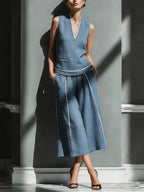 Women's sleeveless linen shirt and cropped pants set by FitiqueFit, casual 2-piece outfit, perfect for warm weather.
