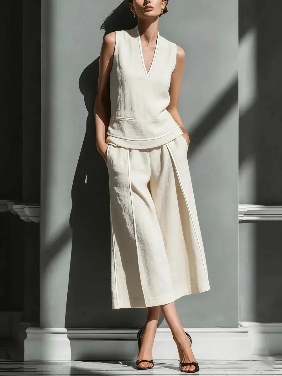 Women's sleeveless linen shirt and cropped pants set by FitiqueFit, casual 2-piece outfit, perfect for warm weather.