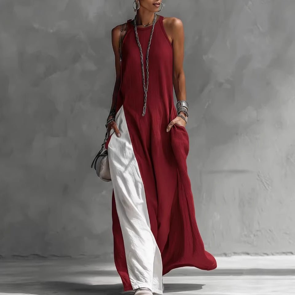 Women's sleeveless loose contrast color casual dress with pockets, stylish and comfortable, by FitiqueFit.