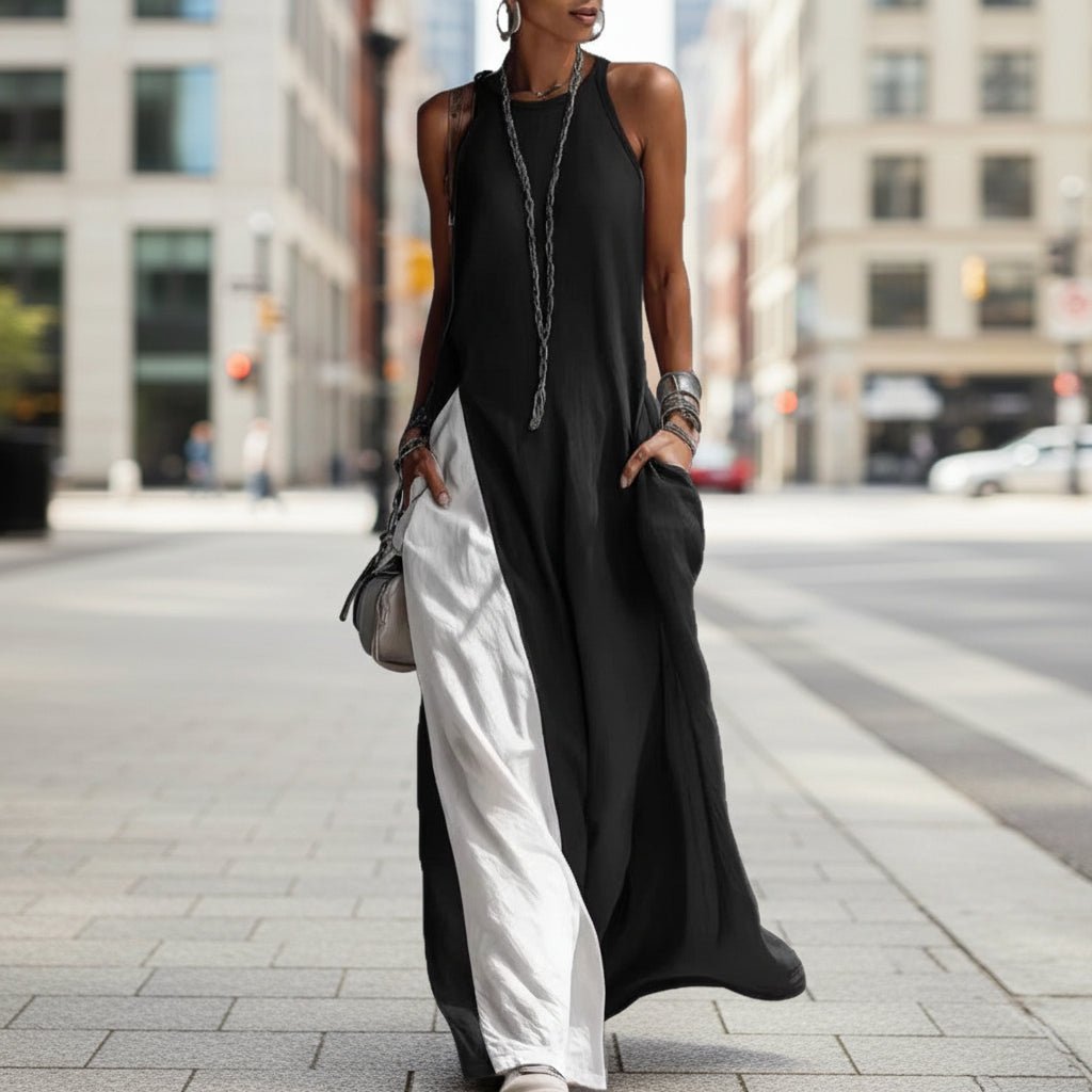 Women's sleeveless loose contrast color casual dress with pockets by FitiqueFit, shown with relaxed fit and stylish design.
