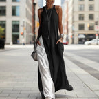 Women's sleeveless loose contrast color casual dress with pockets by FitiqueFit, shown with relaxed fit and stylish design.
