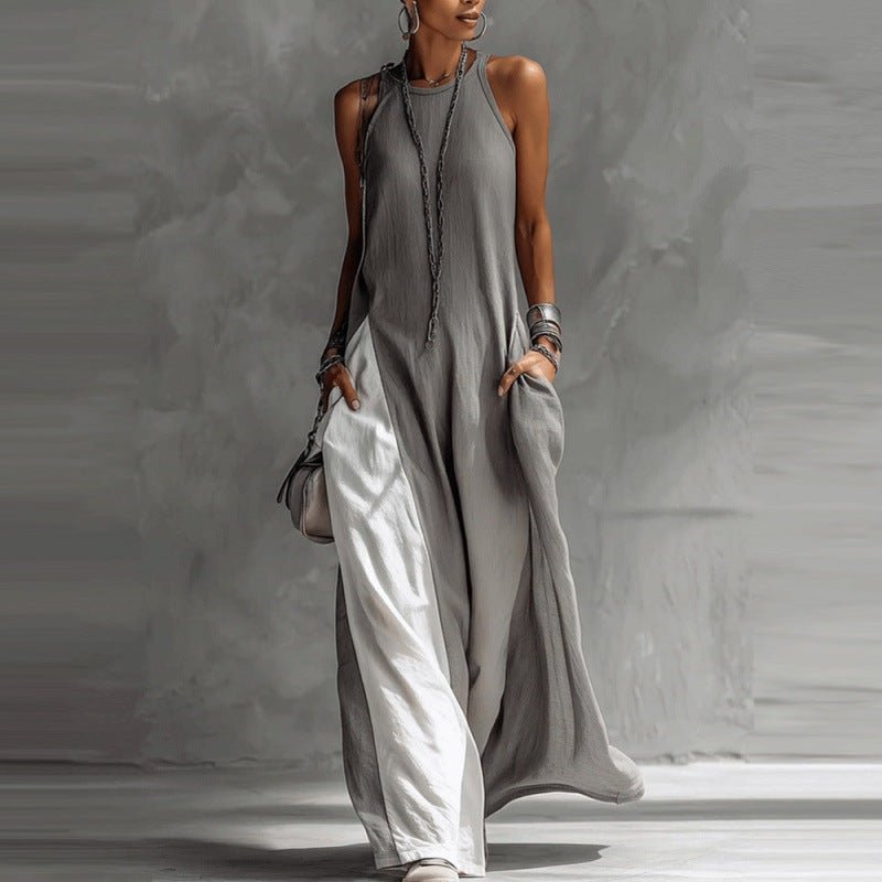 Women's sleeveless loose contrast color dress with pockets by FitiqueFit, casualwear style, shown in a relaxed fit with pocket details.
