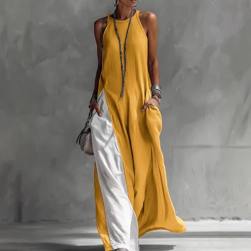 Women's sleeveless loose casual dress with contrast colors and pockets by FitiqueFit, ideal for everyday wear.