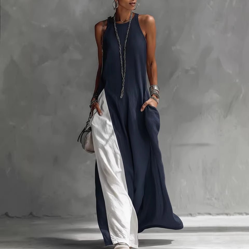 Women’s sleeveless loose contrast color casual dress with pockets by FitiqueFit, showcasing a relaxed fit and stylish design.