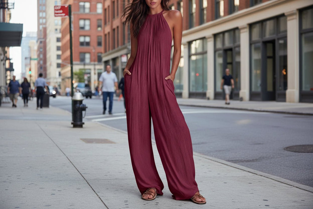 Women’s sleeveless open-back wide-leg pleated jumpsuit by FitiqueFit, casualwear with flowing fabric and stylish design.