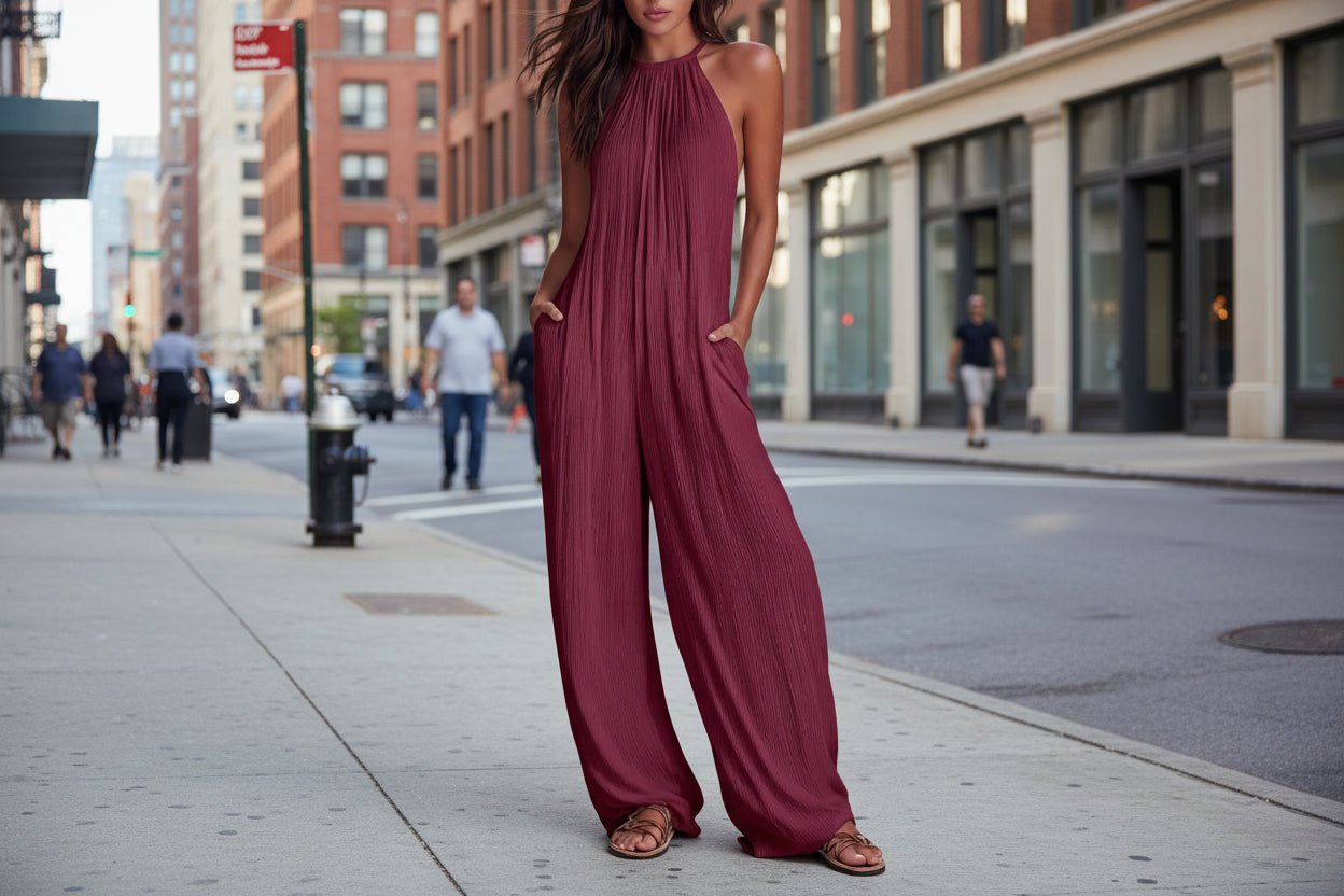 Women’s sleeveless open-back wide-leg pleated jumpsuit by FitiqueFit, casualwear with flowing fabric and stylish design.