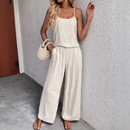 Women’s sleeveless resort two-piece casualwear set by FitiqueFit, featuring a flowy top and matching shorts for warm-weather wear.