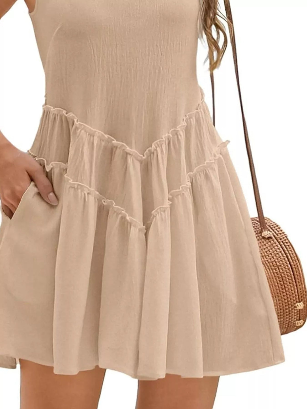 Women’s sleeveless mini dress with round neckline and pockets, stylish dress from Plush Fashion Hub, perfect for casual wear.